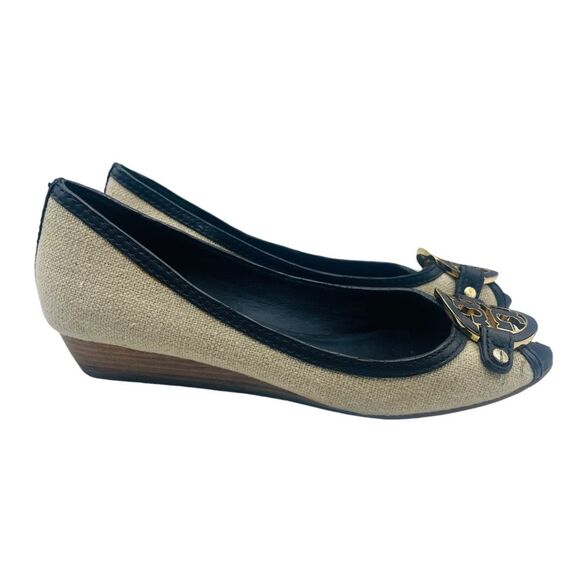 Tory Burch Amanda Open Toe Wedge In Natural/Black 8M - Picture 5 of 11